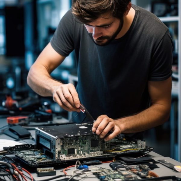 repairing a broken laptop in a workshop.